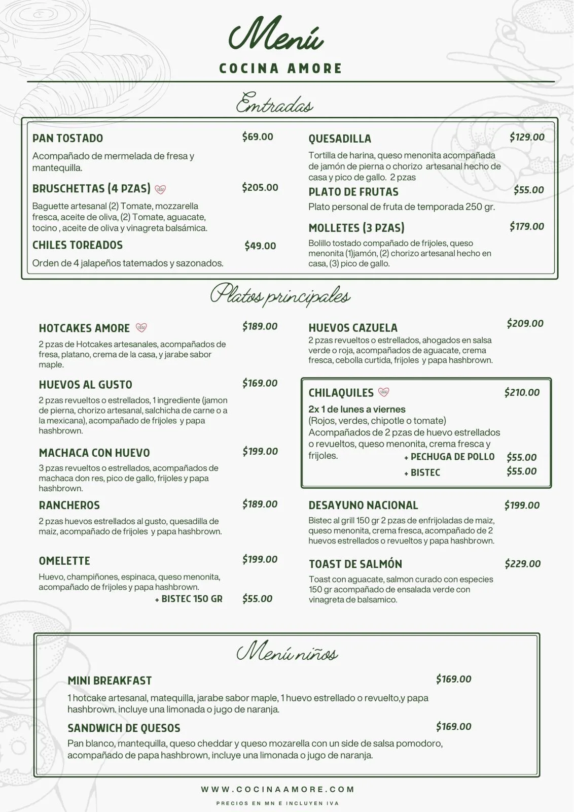 Menú Cocina Amore - Entradas y Platos Principales de Desayuno