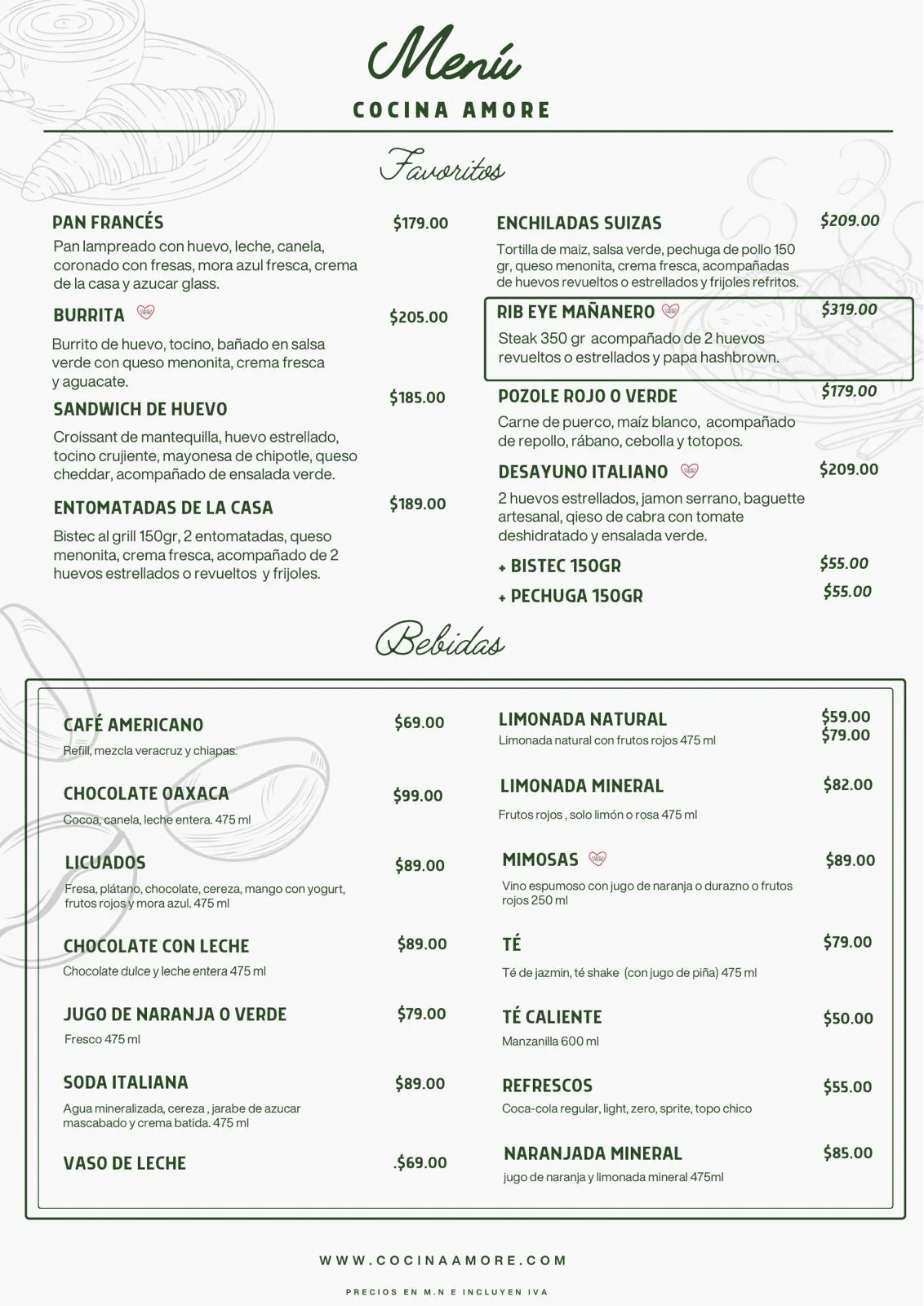 Menú Cocina Amore - Favoritos y Bebidas de Desayuno